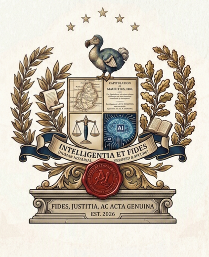 notary.mu crest: the dodo, the Capitulation of Mauritius 1810, the scales of justice and the seal